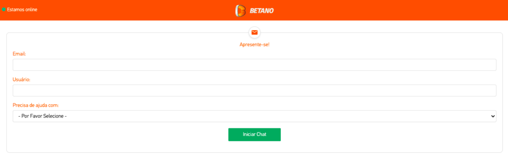 Formulário para entrar no chat ao vivo da Betano Apostas